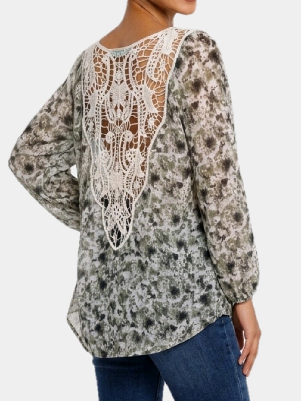 Maurices Semi Sheer Chiffon V-Neck Back Lace Yoke 3/4 Sleeve Blouse Size L